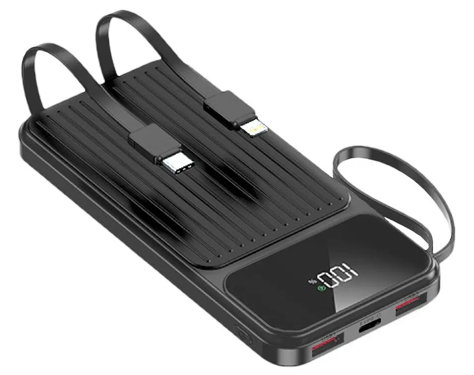 Powerbank 10.000mA zwart met vaste USB-C + Lightning kabel
