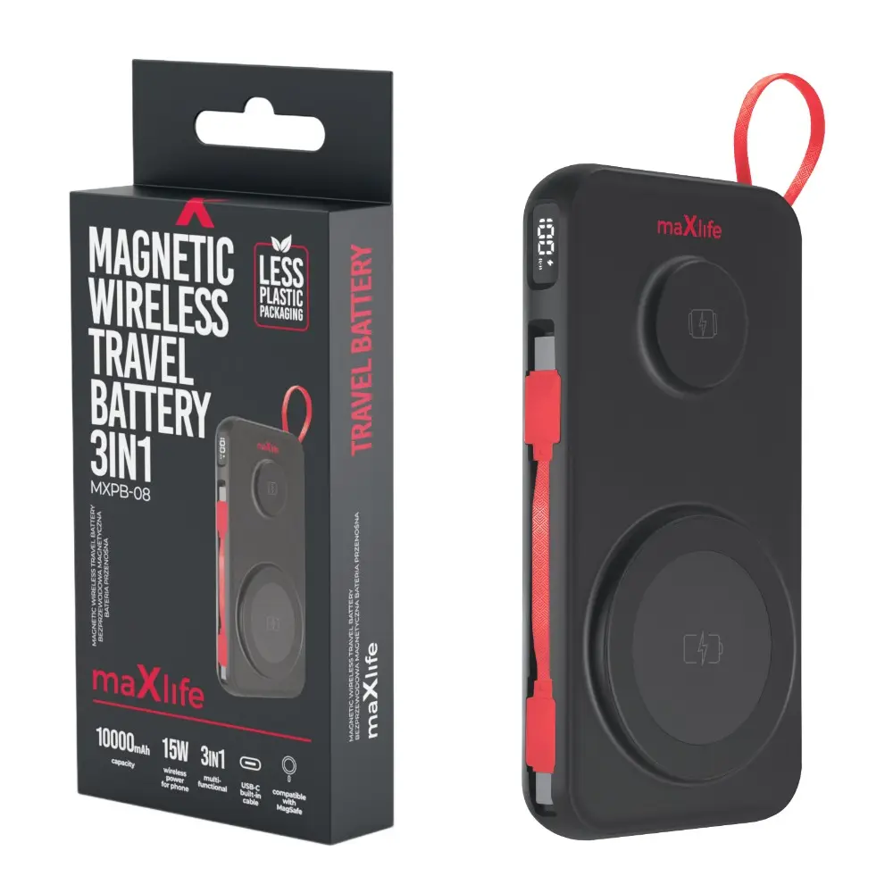 Powerbank 10.000mA zwart met vaste USB-C kabel + MagSafe Qi