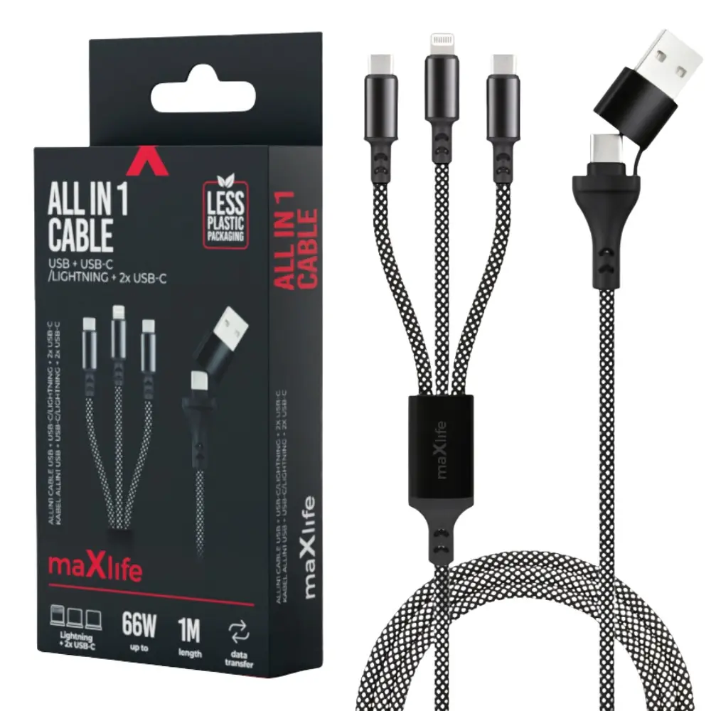 USB - kabel multi Lightning + 2x USB-C zwart 66W