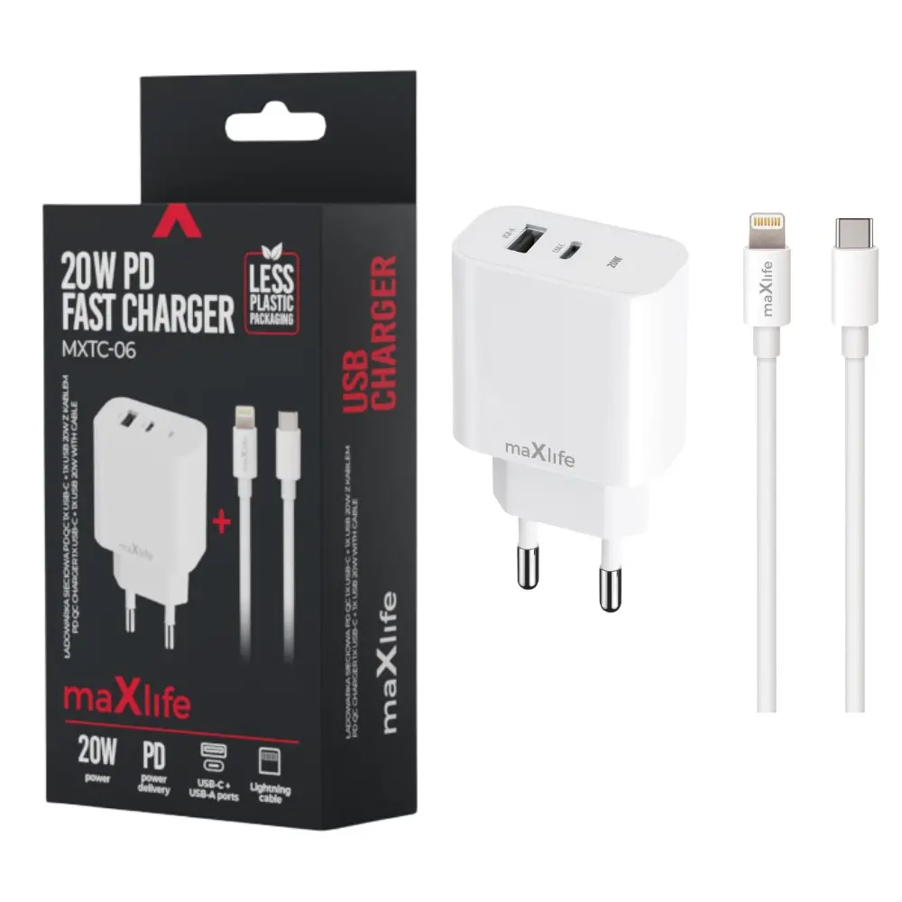 USB + USB-C snellader 20W wit + Lightning kabel 1m