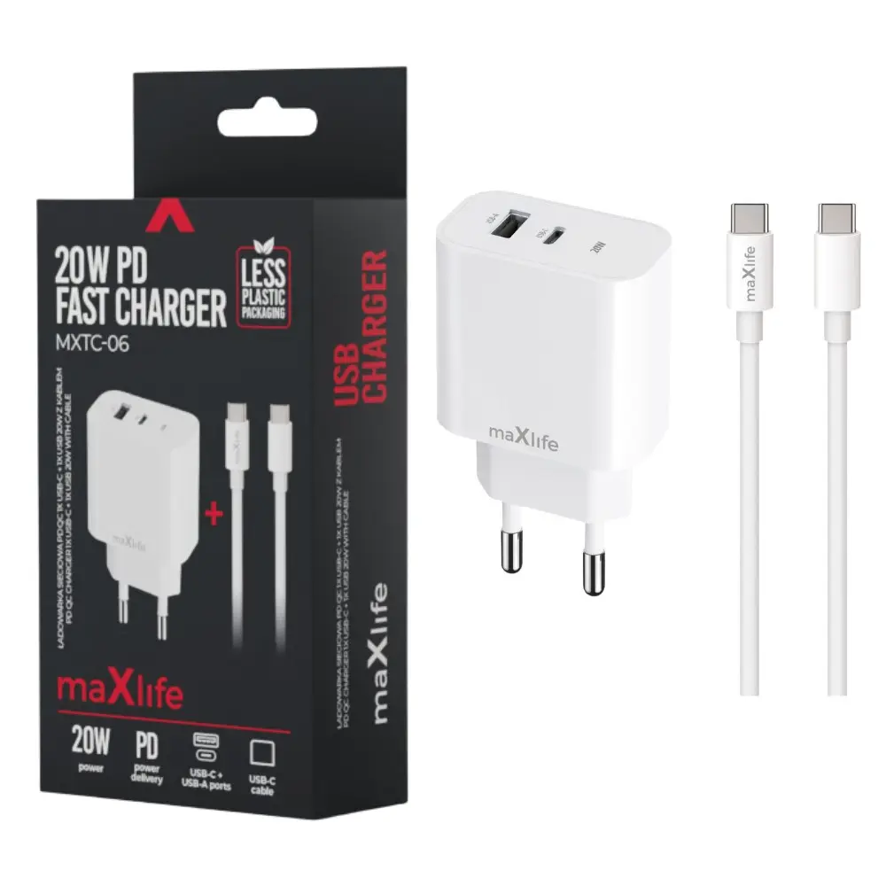 USB + USB-C snellader 20W wit + USB-C kabel 1m
