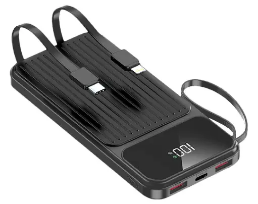 [24,99] Powerbank 10.000mA zwart met vaste USB-C + Lightning kabel