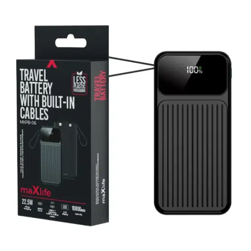 [24,99] Powerbank 10.000mA zwart met vaste USB-C + Lightning kabel