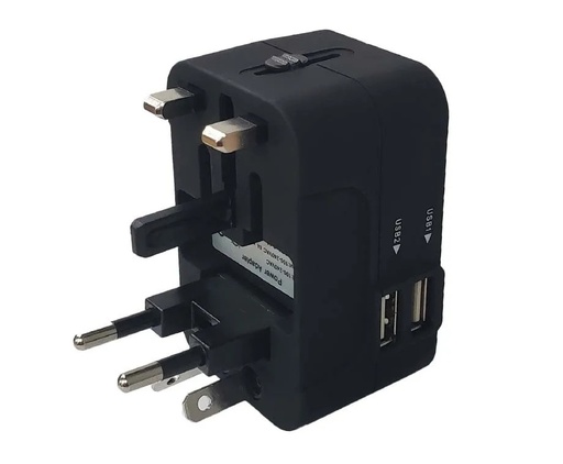 [116361] Reisstekker internationaal universeel zwart + 2 x USB
